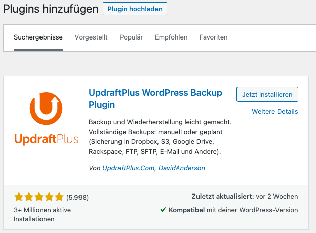 UpdraftPlus im WordPress Plugin-Store