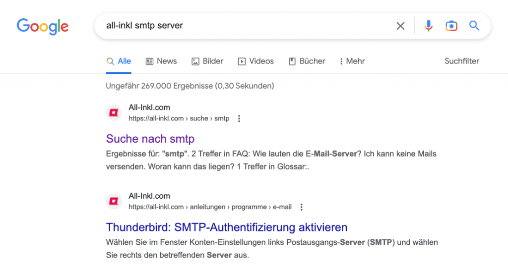 Google Suche SMTP Zugangsdaten